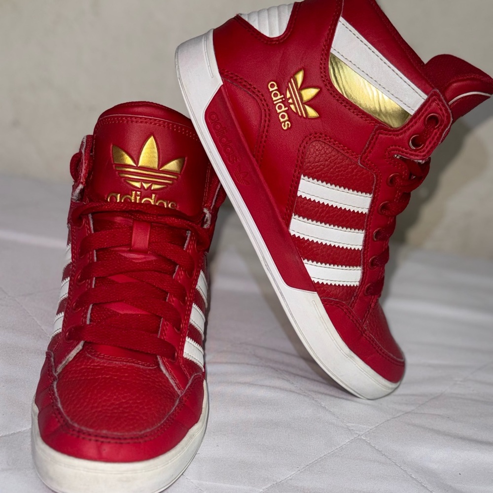 Adidas Red and White Sneakers with Gold Logo